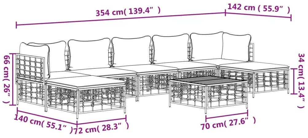 8 pcs conjunto lounge de jardim c/ almofadões vime PE antracite