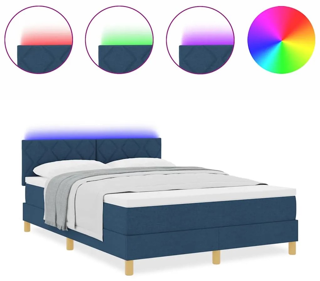 Cama Box Spring com Colchão e LED Azul 140x200 cm Tecido