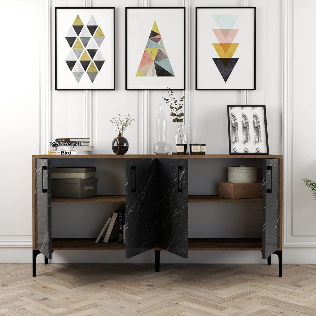 Console Kiev – Nogueira e Mármore Preto – 160 cm x 78 cm x 35 cm