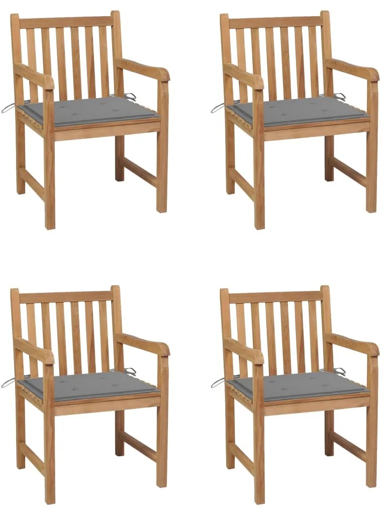 vidaXL Cadeiras de jardim c/ almofadões cinzentos 4 pcs teca maciça