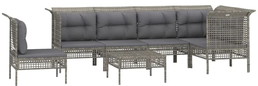 7 pcs conjunto lounge de jardim c/ almofadões vime PE cinzento