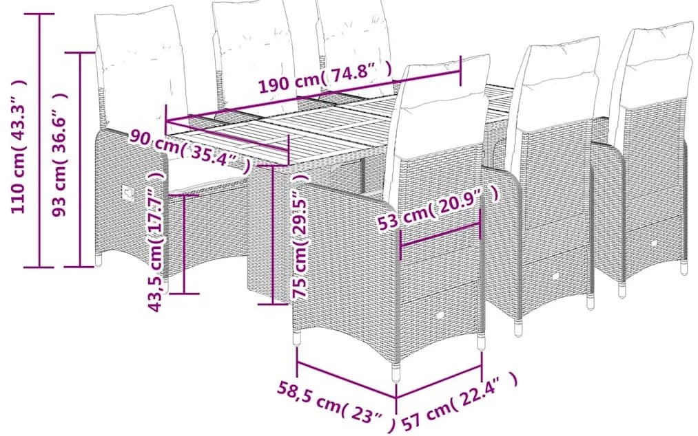 7 pcs conjunto de bistrô p/ jardim c/ almofadões vime PE preto