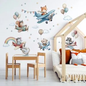 Autocolante de parede para colocar por cima da cama - Animais voadores e aviões