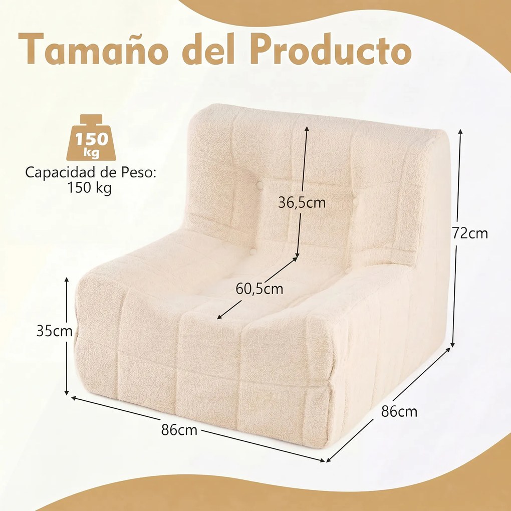 Pufe com enchimento incluído 86 x 86 x 72 cm, esponja integrada, encosto ergonómico, base antiderrapante e capa em tecido macio para sala ou quarto, b