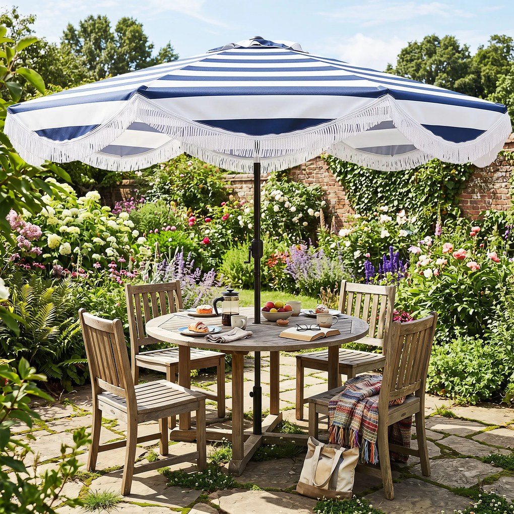 Guarda sol de Exterior com Franjas 270 x 234 cm (BASE NÃO INCLUIDA), Ângulo de Inclinação Ajustável, Azul e branco