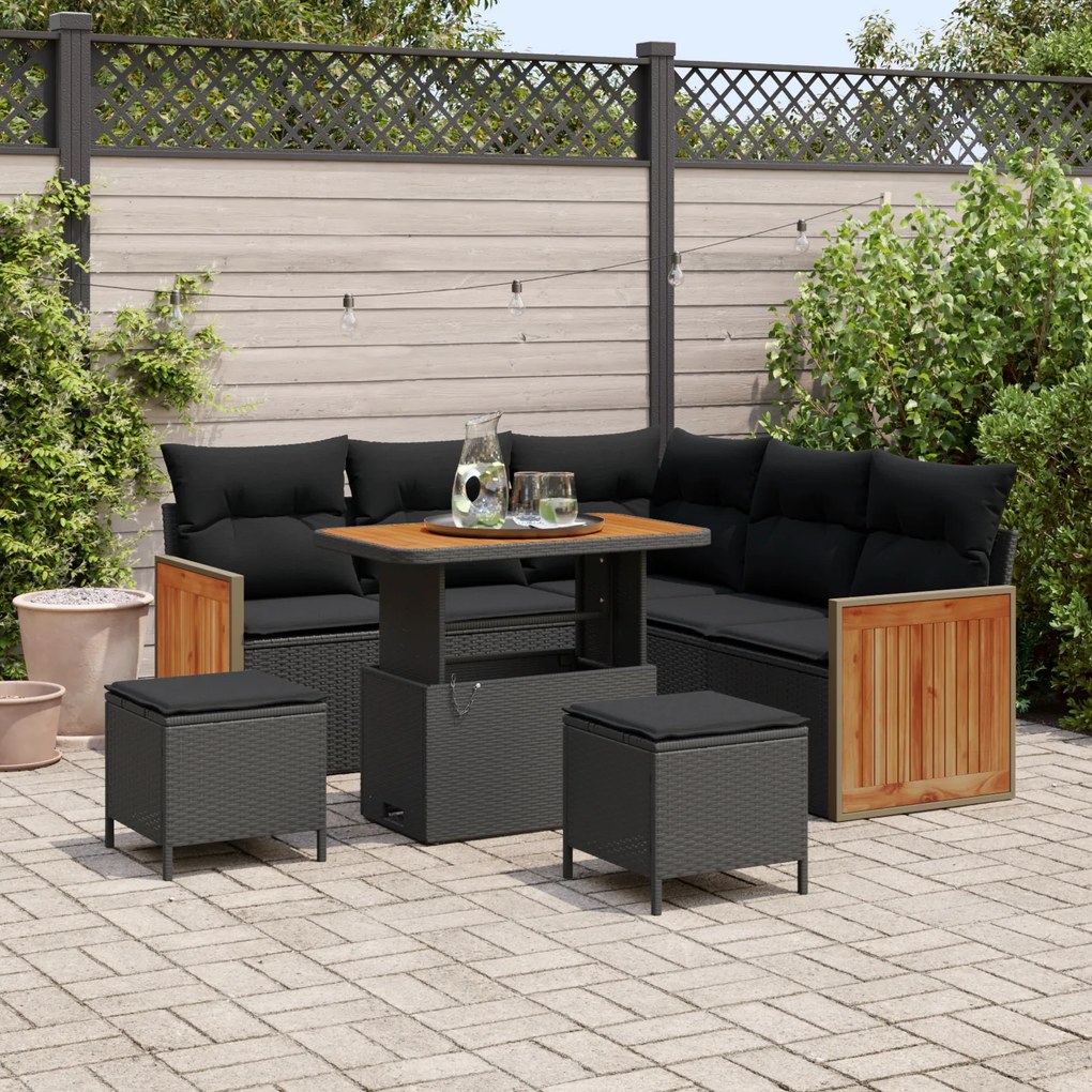 Conjunto de Sofá de Jardim vidaXL 8 Peças com Almofadas Preto Rattan P
