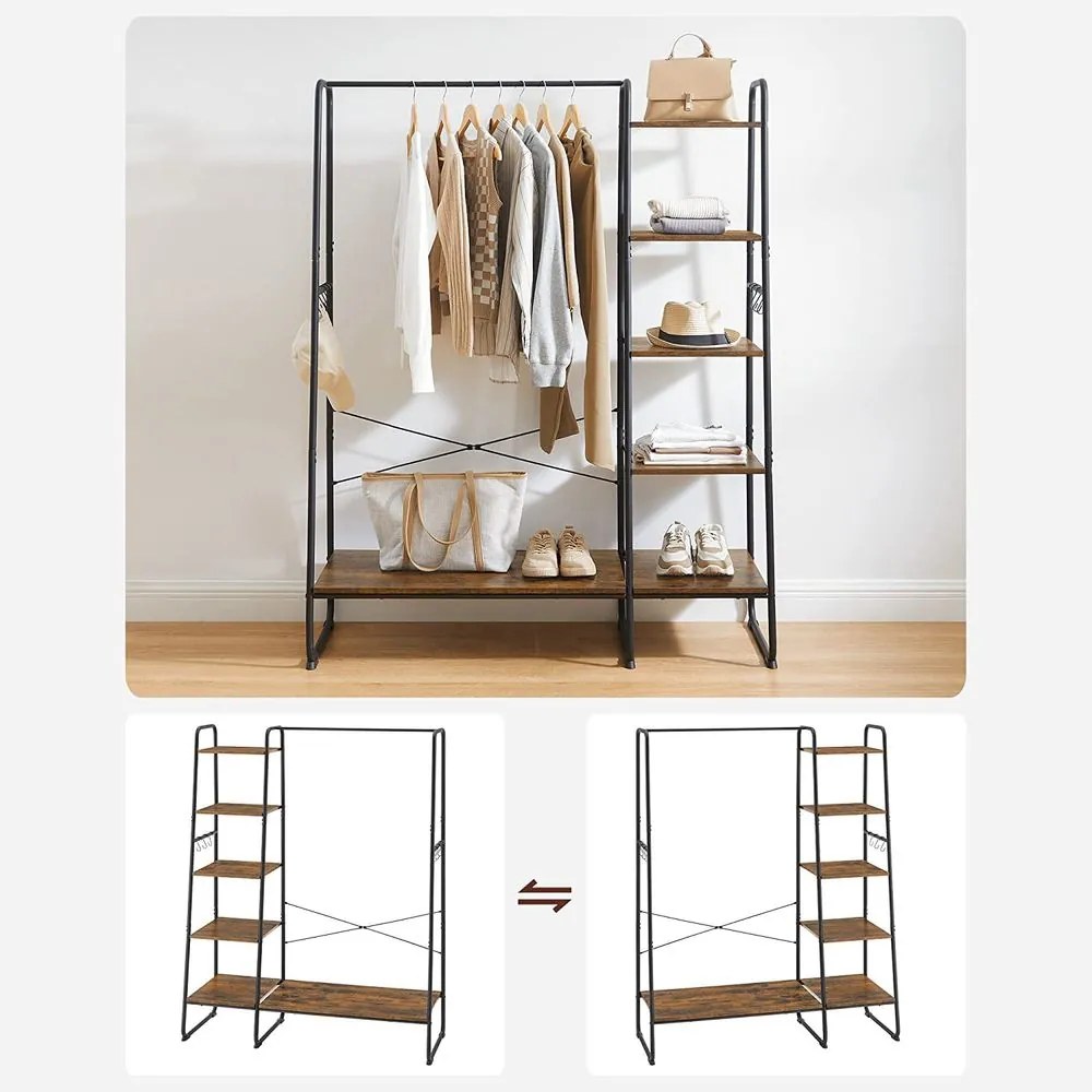 Cabide Guarda Roupa com prateleiras e ganchos 45 x 120 x 160 cm Castanho Vintage e Preto