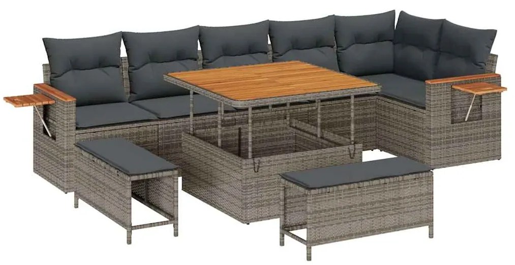 Conjunto de Sofás de Jardim vidaXL 9 Peças com Almofadas Cinzento Ratt