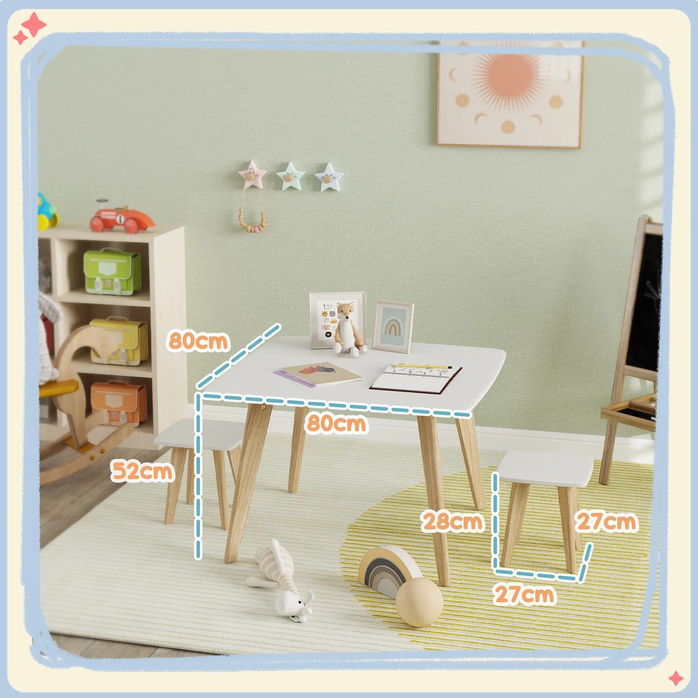 Conjunto de 1 mesa e 2 cadeiras para crianças, mobiliário versátil para o quarto ou sala de jogos, 3-8 anos branco