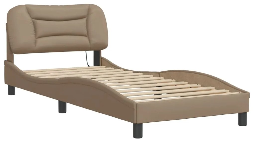 Estrutura cama c/ luzes LED 90x190 cm couro artif. cappuccino