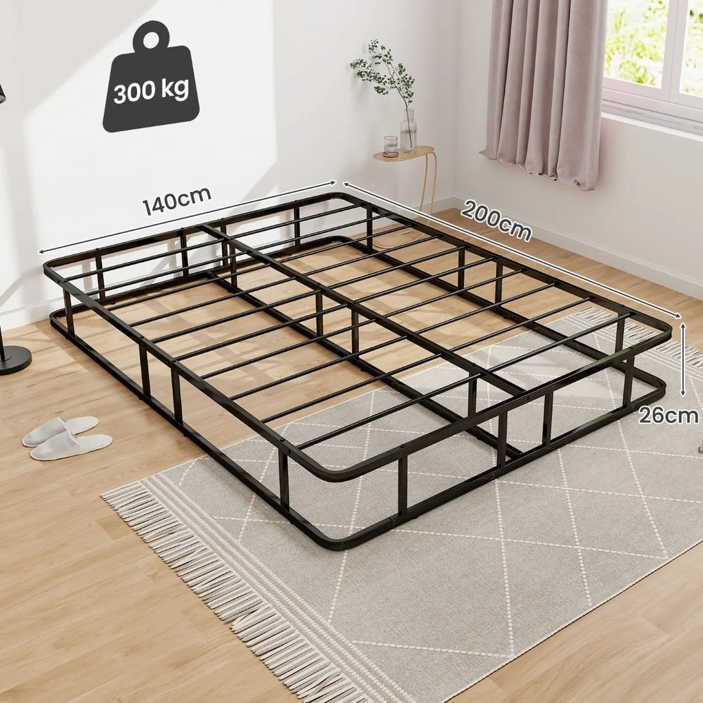 Estrutura metálica para cama de casal 140x200 cm (COLCHÃO NÃO INLUIDO) com 16 barras de suporte, base e pés antiderrapantes em preto