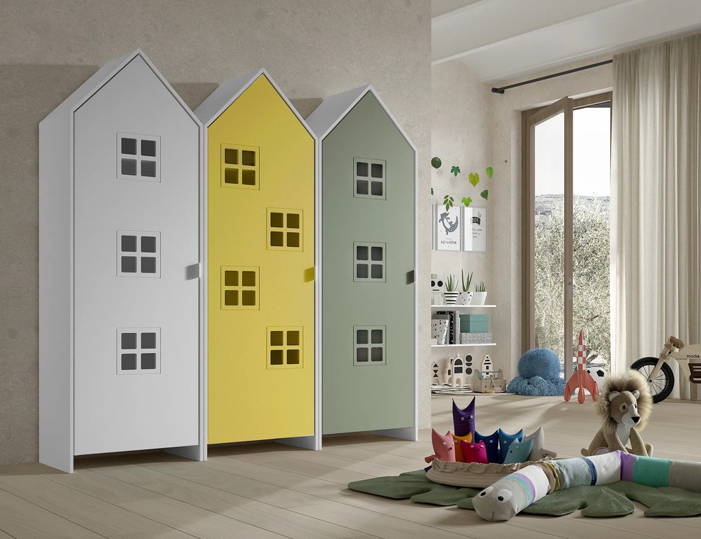 Conjunto 3 armarios Guarda Roupa infantil coleção CASAMI Branco, Amarelo e Verde