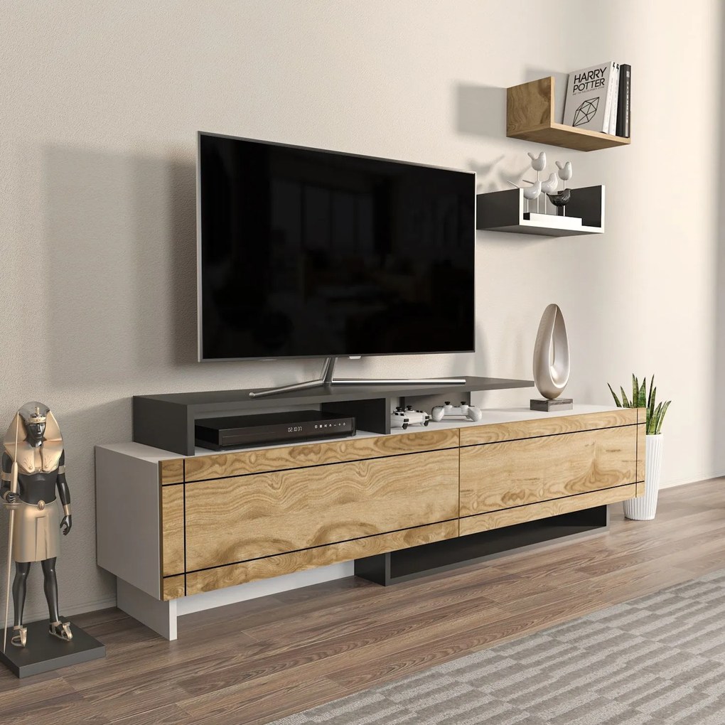 Móvel TV Tammy – Branco/Carvalho/Antracite – 180x54x36,8 cm