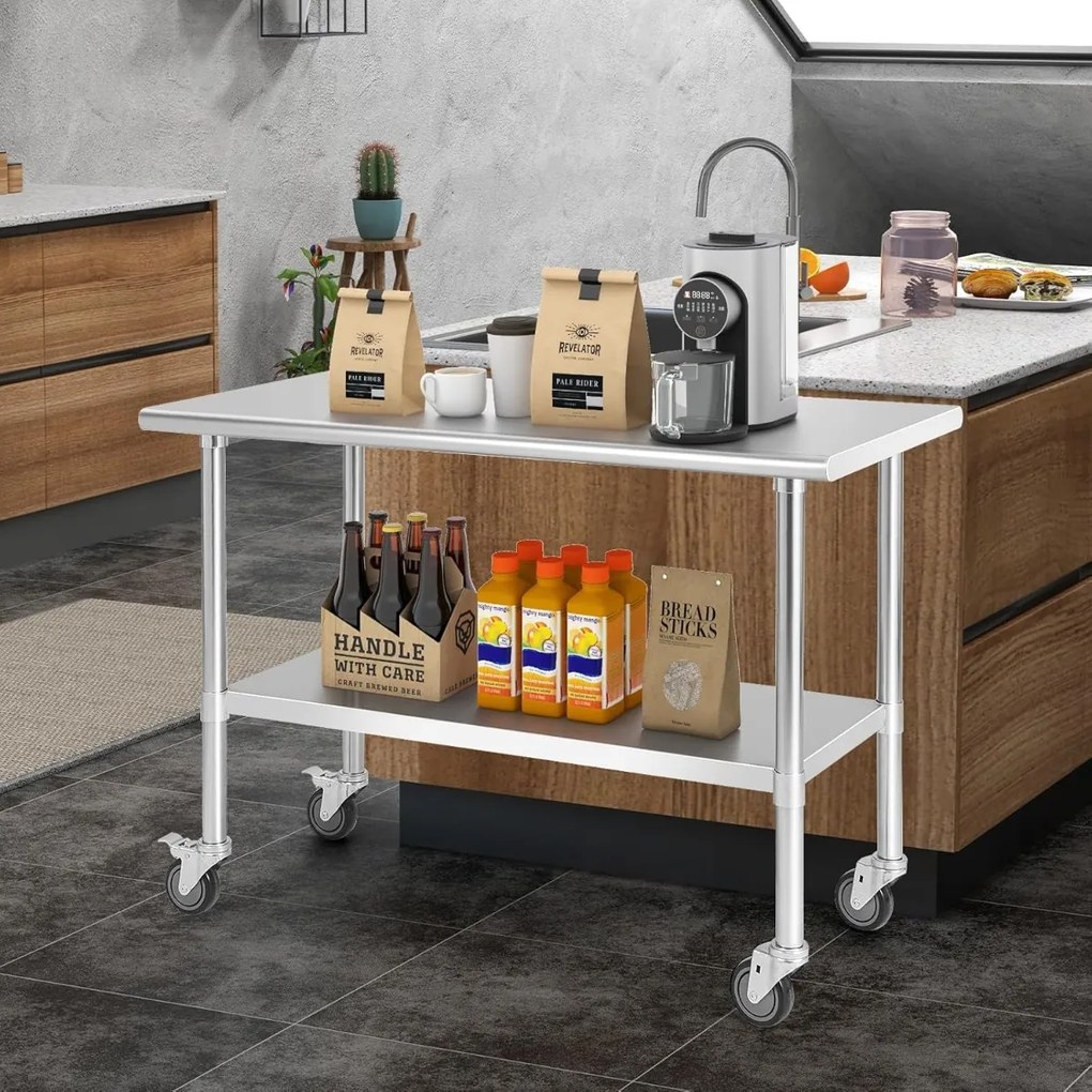 Mesa de Trabalho com Rodas para Cozinha Carrinho de Serviço em Aço Inoxidável 2 Prateleiras Carga 250 kg para Restaurante 122 x 61 x 90 cm