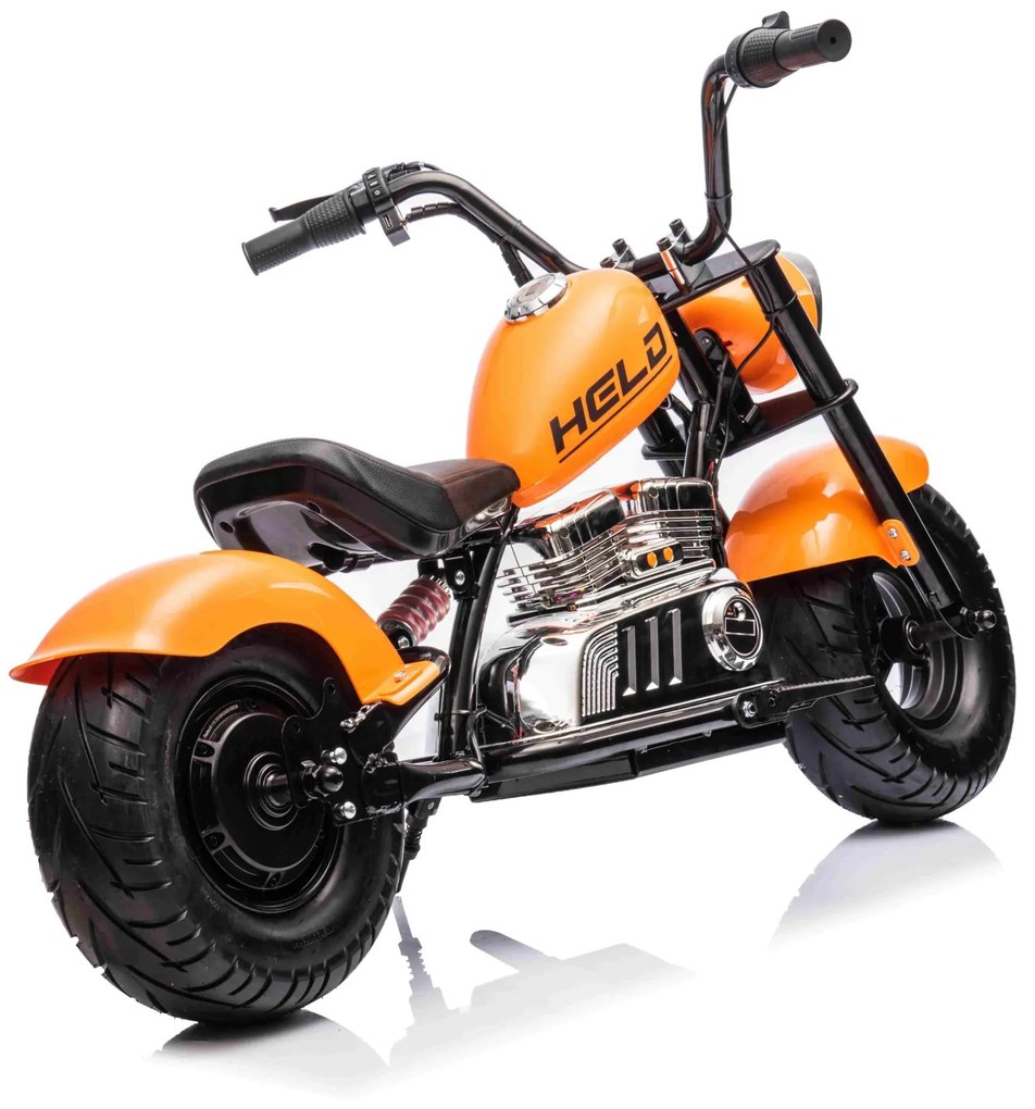 Mota elétrica para crianças Chopper Warrior 350W Pneus borracha, banco couro, Luzes led, som, Laranja