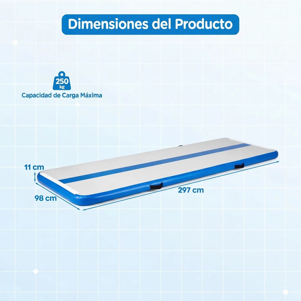 Colchão de ginástica insuflável com bomba elétrica 297 x 98 x 11 cm, saco de transporte e remendo de reparação portátil para fitness e ioga, azul