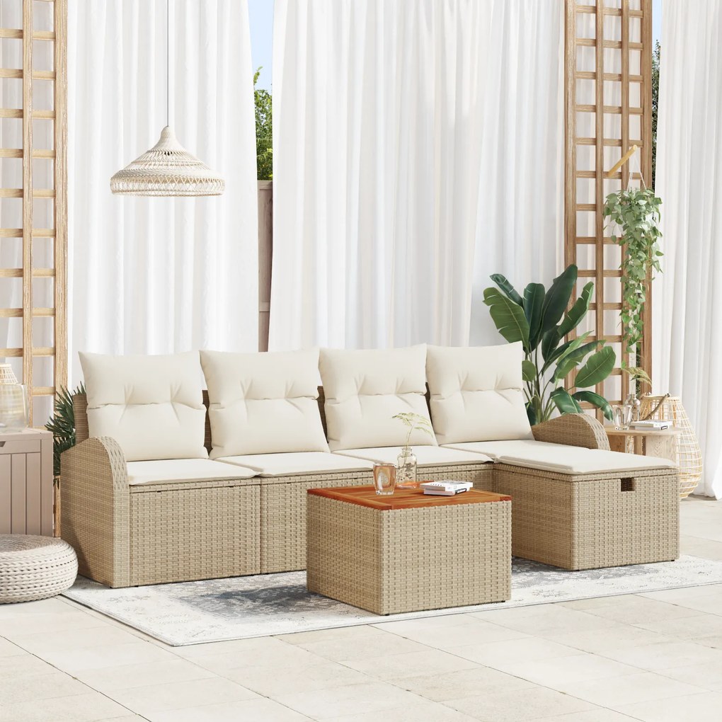 Conjunto Sofá Jardim 6 Peças com Almofadas Bege de Rattan Polímero