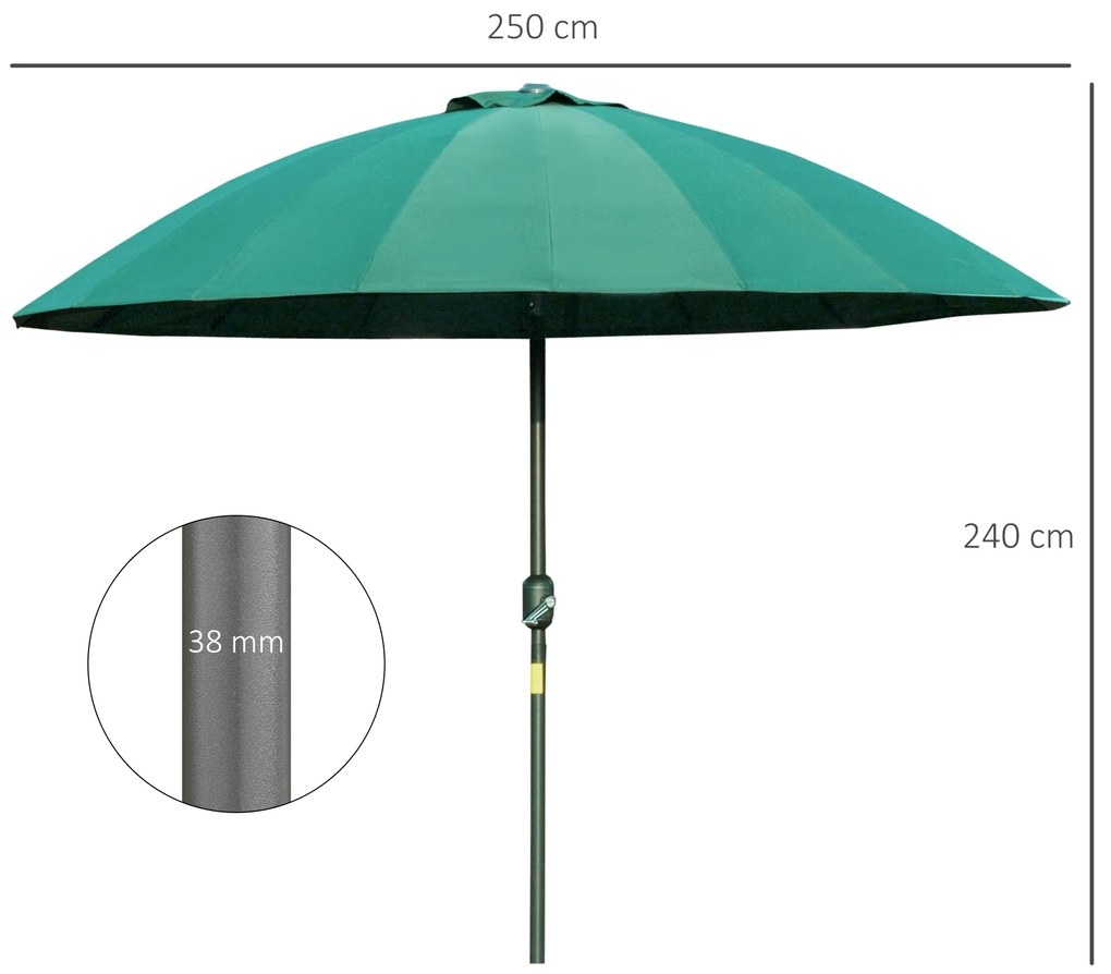 Chapéu de Sol de Jardim Ø2,5x2,4 m com Manivela Manual Mastro Flexível Impermeável e 18 Hastes para Exterior Verde