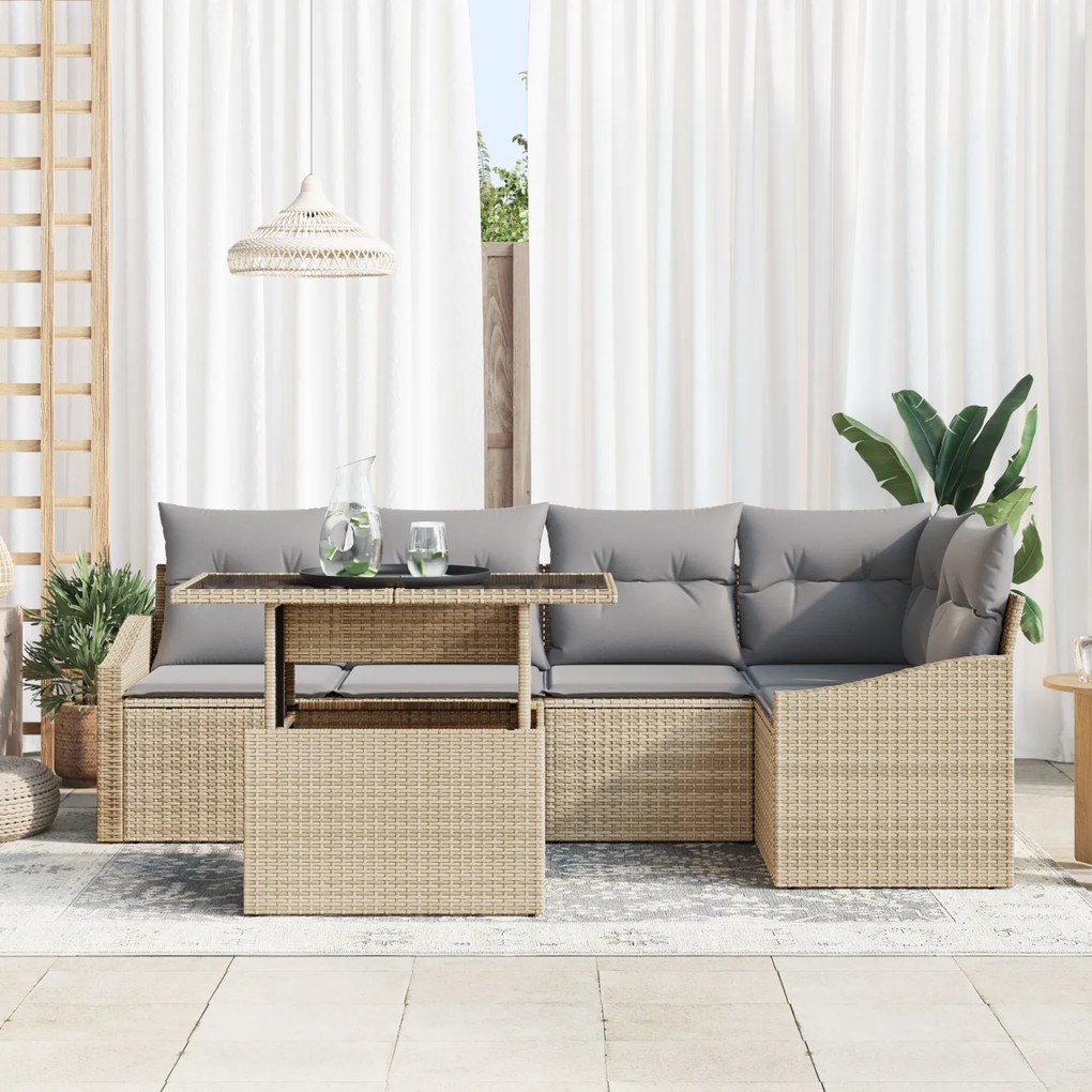 Conjunto de Sofá de Jardim de 6 Peças com Almofadas Bege em Rattan Sin