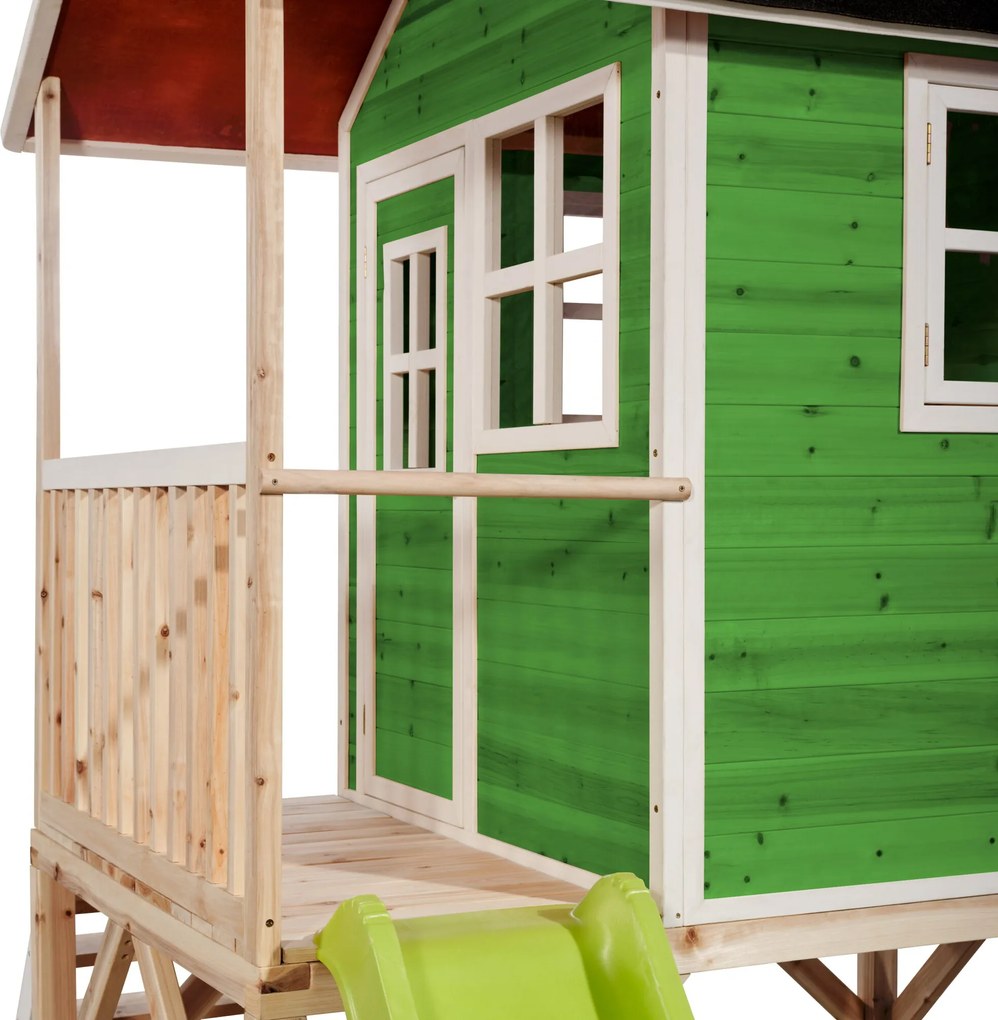 Casa de brincar infantil exterior para crianças Loft 500 em madeira com escorrega e caixa areia - Verde