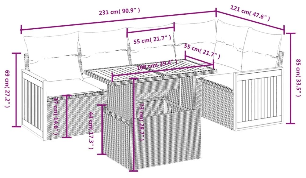 6 pcs conjunto de sofás p/ jardim com almofadões vime PE bege