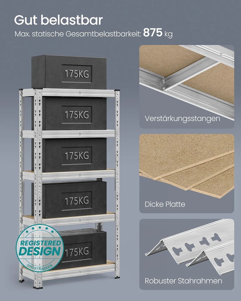 Conjunto de 2 estantes para cargas pesadas até 875 kg com prateleiras ajustáveis 30 x 75 x 150 cm Prateado