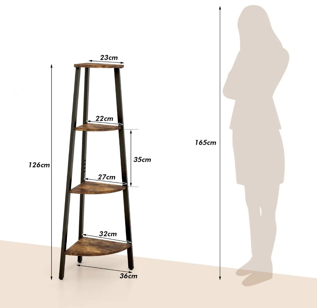 Estante canto de 4 preateleiras Suporte industrial anti-tombamento para plantas para escritório, sala de estar, quarto, 36 x 34 x 126 cm, Castanho Rús