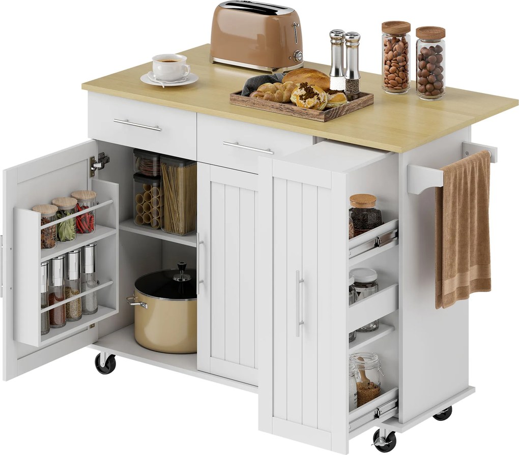 Ilha, Carrinho de Cozinha com Rodas Bancada Dobrável 2 Portas com Fecho Suave e Bandeja Extraível 129x65x91 cm Branco