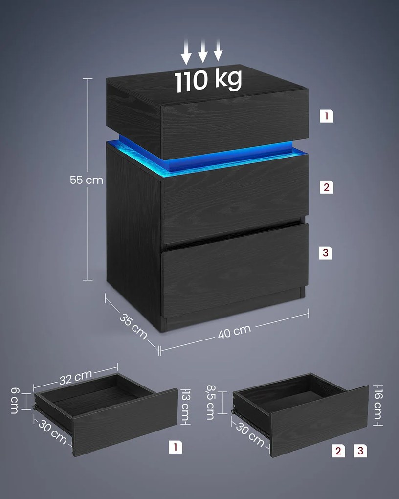 Conjunto de 2 mesas de cabeçeira com iluminação LED e 3 gavetas 35 x 40 x 55 cm, na cor preta
