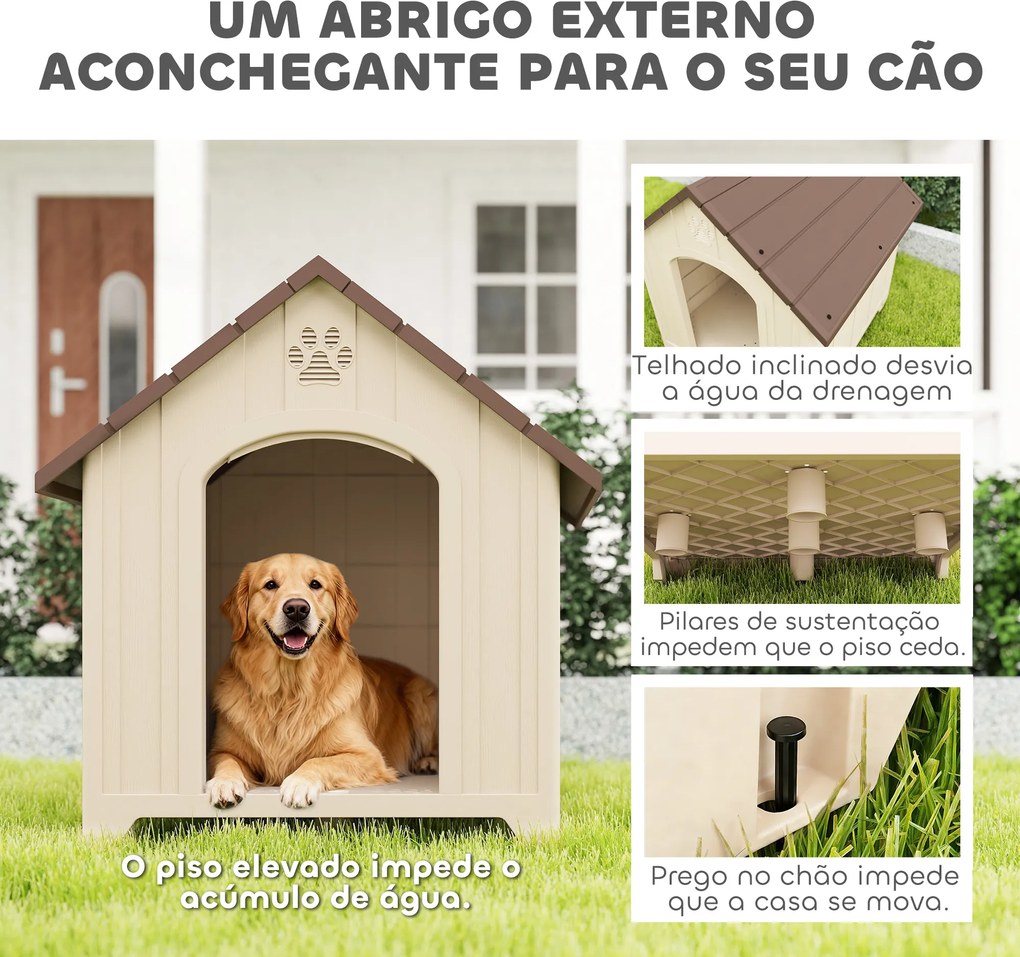 Casota para Cães de Exterior Casa para Cães Grandes de Plástico com 2 Janelas Base Elevada Estacas Bege