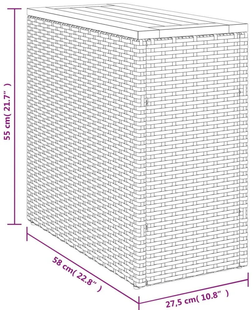 Mesa apoio jardim c/ tampo madeira 58x27,5x55 cm vime PE cinza