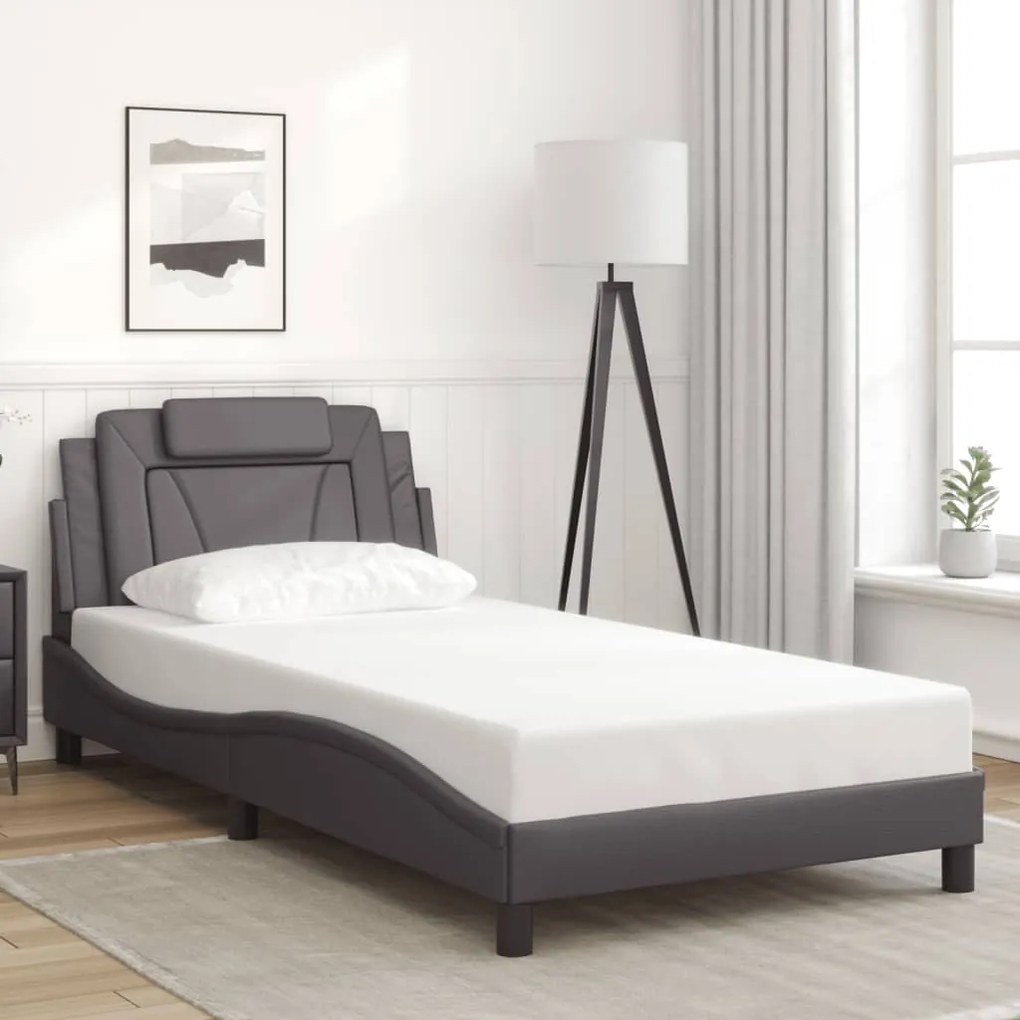 Estrutura cama c/ cabeceira 100x200cm couro artificial cinzento