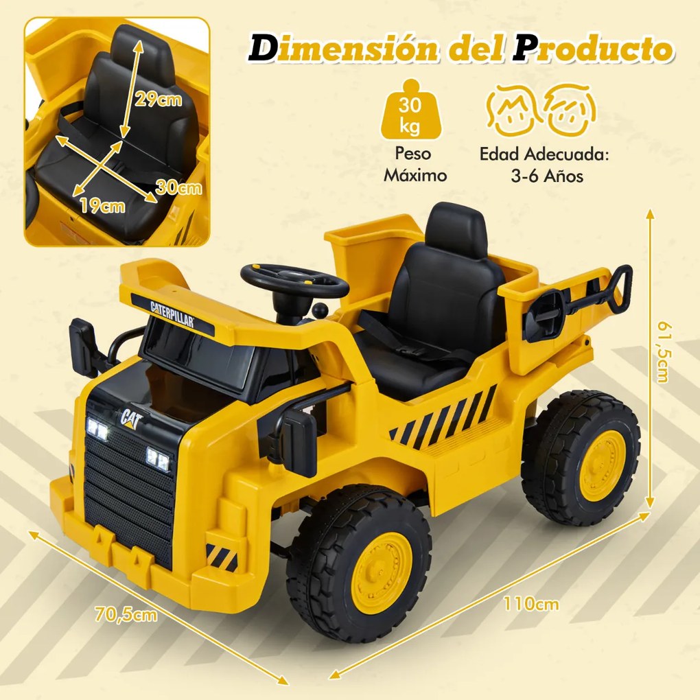 Camião Caterpillar basculante elétrico para crianças de 12 V licenciado com plataforma basculante, pega inclinada, pá de areia, luzes, música, amarelo