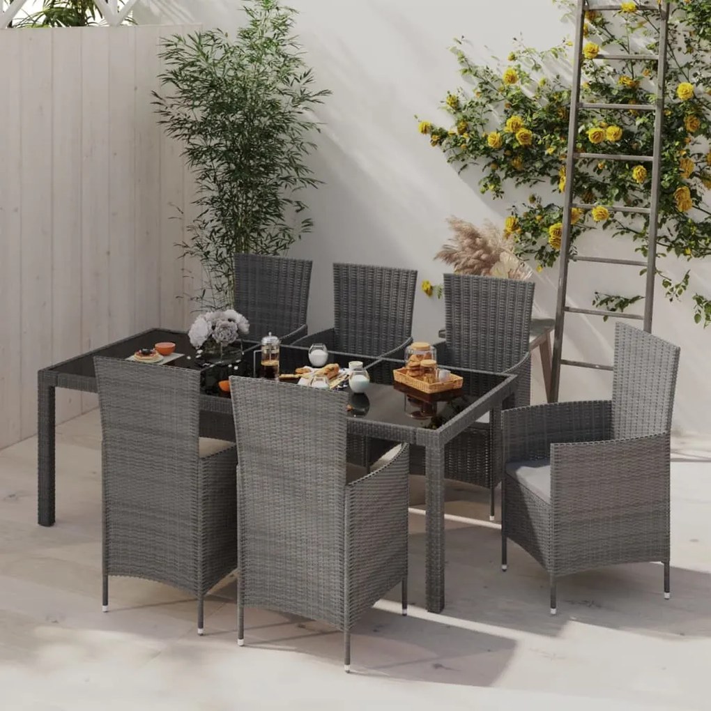 vidaXL 7 pcs conjunto jantar exterior com almofadões vime PE cinzento