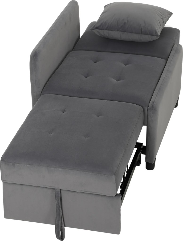 HOMCOM Sofá-cama Individual 4 em 1, Cadeirão-cama em Veludo com Encosto Ajustável e Bolsos Laterais, Cinzento Escuro | Aosom Portugal