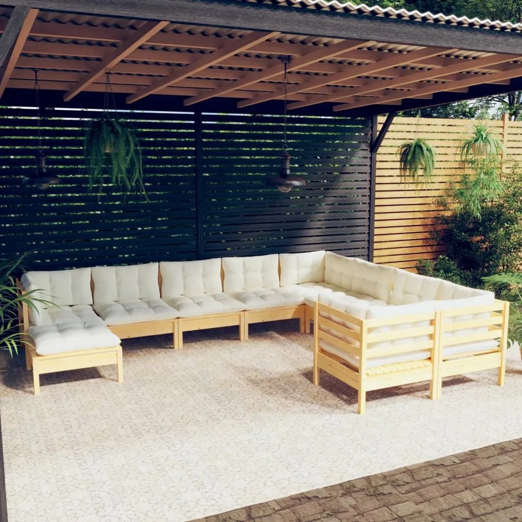 vidaXL 10 pcs conjunto lounge de jardim c/ almofadões cor creme pinho
