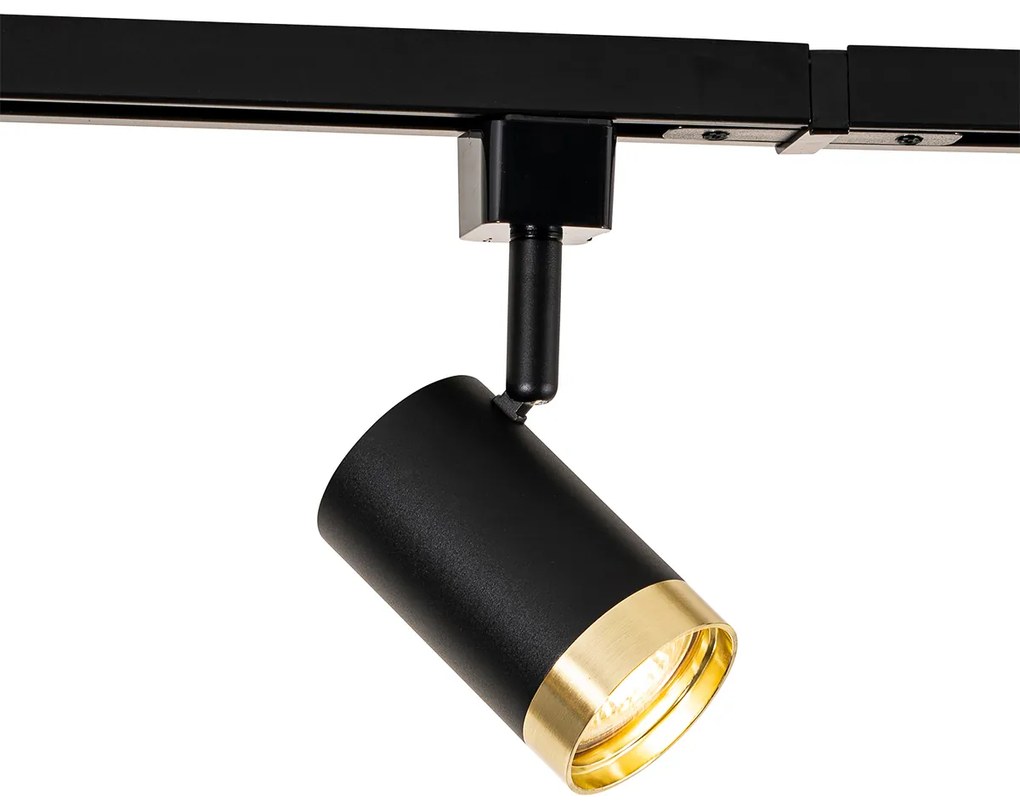 Sistema de calhas monofásico com 5 focos pretos com anel dourado - Jeana Moderno
