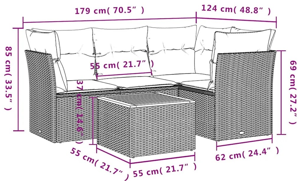 5 pcs conjunto sofás p/ jardim c/ almofadões vime PE cinzento