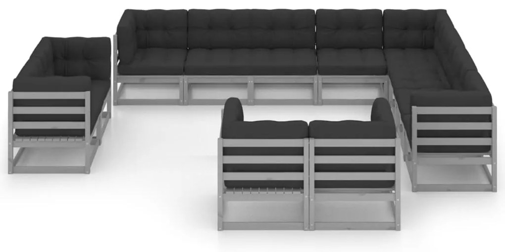 12pcs conjunto lounge de jardim + almofadões pinho maciço cinza