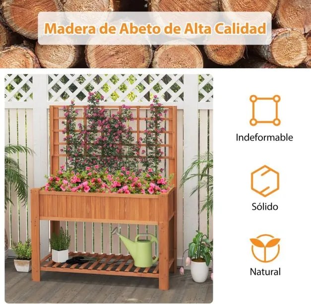 Floreira elevada em madeira com treliça e prateleira, vaso com orifícios de drenagem, caixa para plantas de jardim, cor Castanho