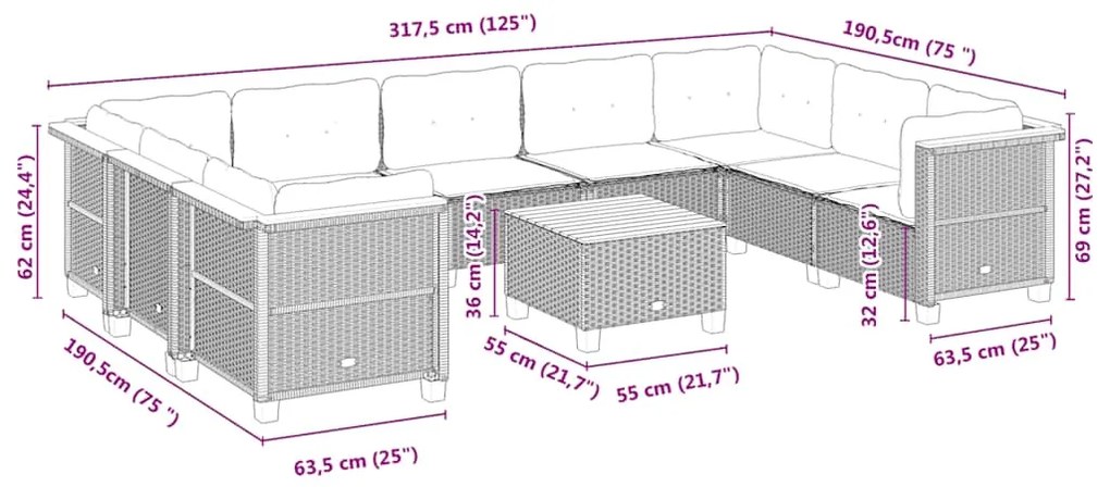 10 pcs conjunto de sofás p/ jardim com almofadões vime PE bege