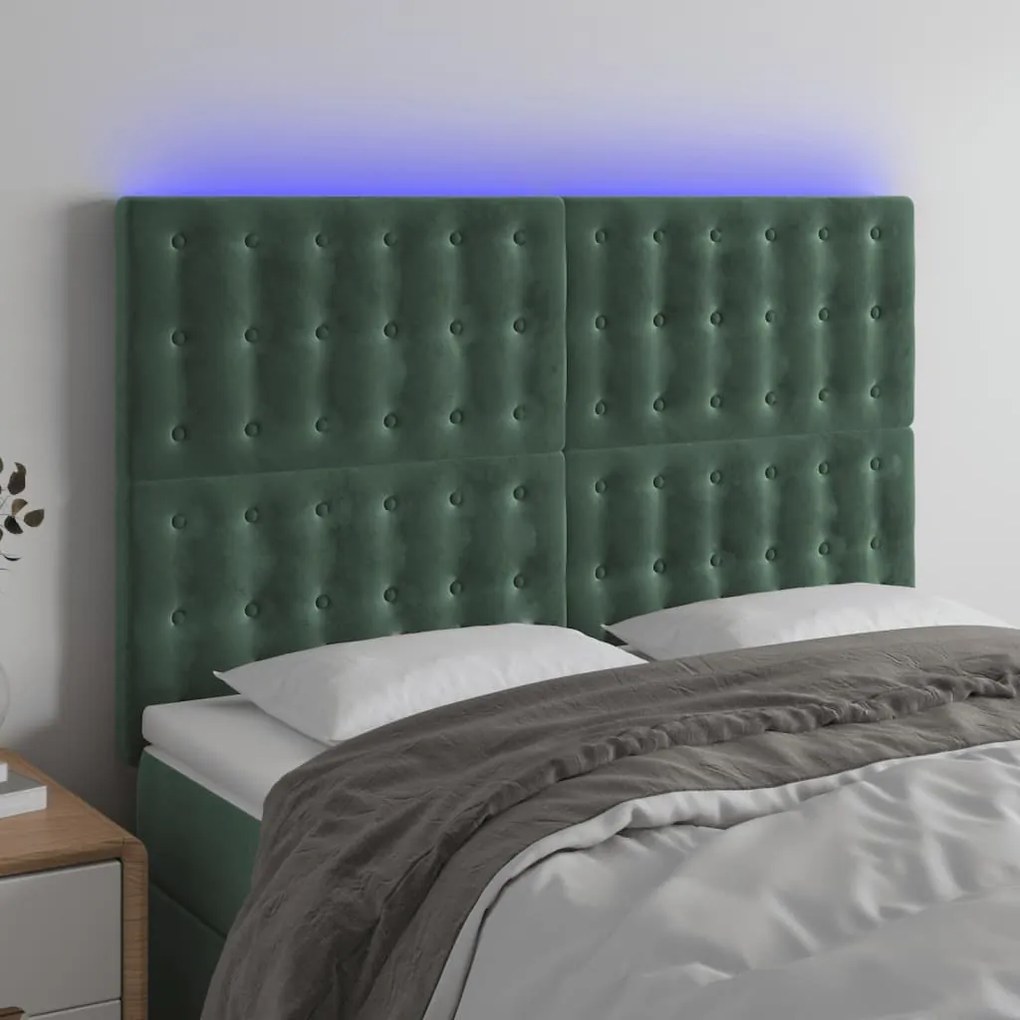 Cabeceira de cama c/ LED veludo 144x5x118/128 cm verde-escuro