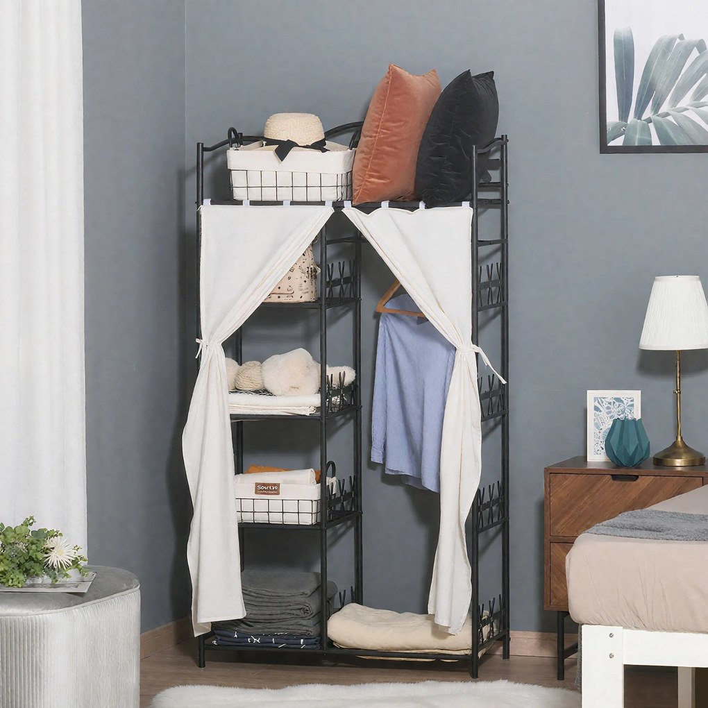 Guarda Roupa para adultos, roupeiro, guarda-roupa, vestidor, com várias opções de arrumação, 5 prateleiras, 84 x 42 x 159 cm, metal preto, 2 cortinas