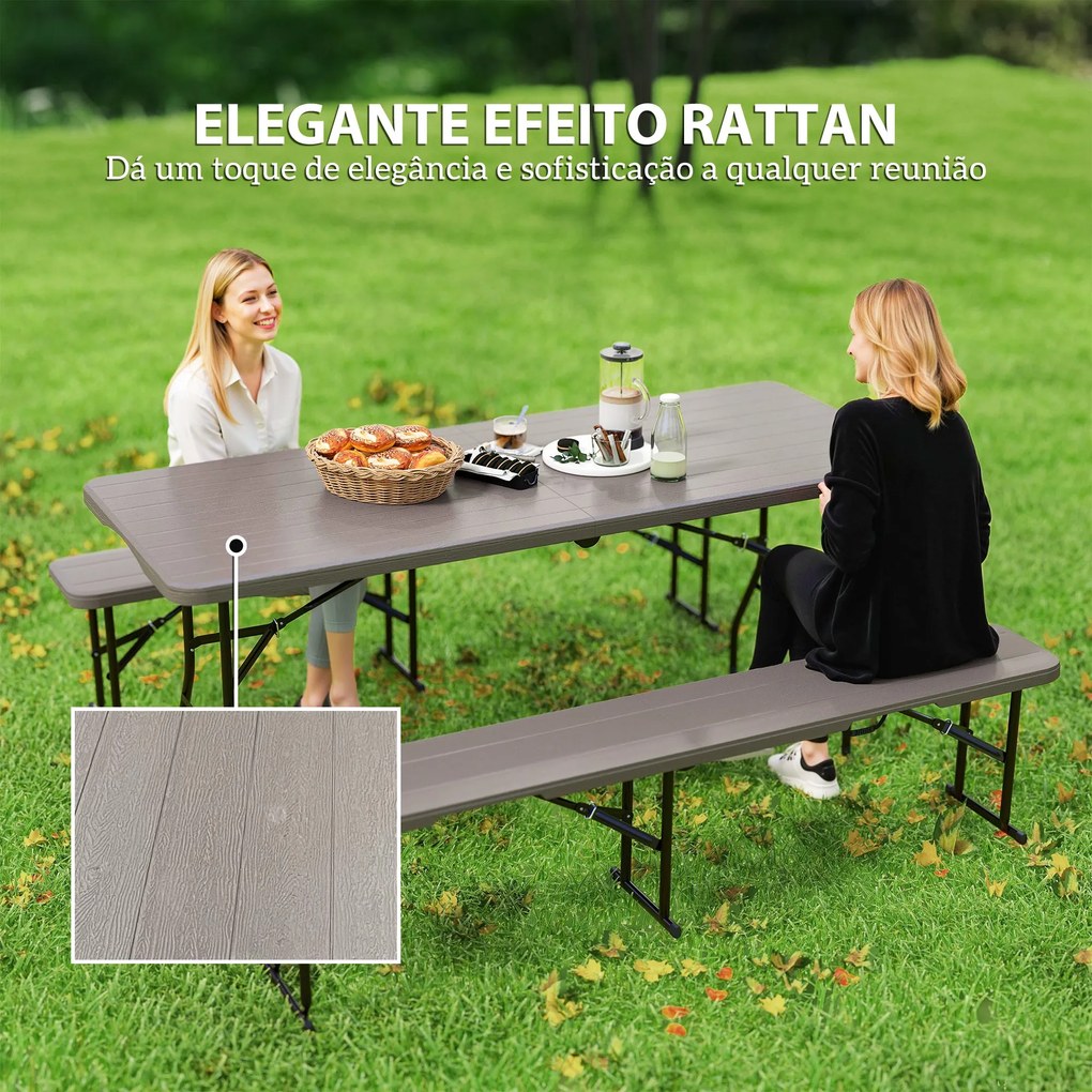 Conjunto de Campismo Dobrável de 3 Peças Inclui 1 Mesa 180x74x74 cm e 2 Bancos 182x28x42 cm Efeito Madeira Castanho