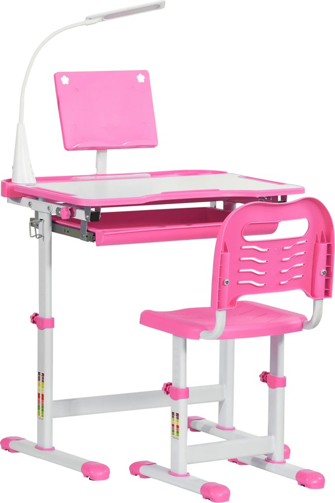 Conjunto de Secretária e Mesa para Crianças acima de 6 Anos com Altura Ajustável Mesa Inclinável e Lâmpada Rosa