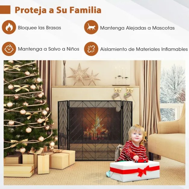 Proteção dobrável da lareira de 3 painéis do ferro forjado com dobradiças flexíveis quadro resistente para a sala de visitas 133 x 78 x 2 cm Preto