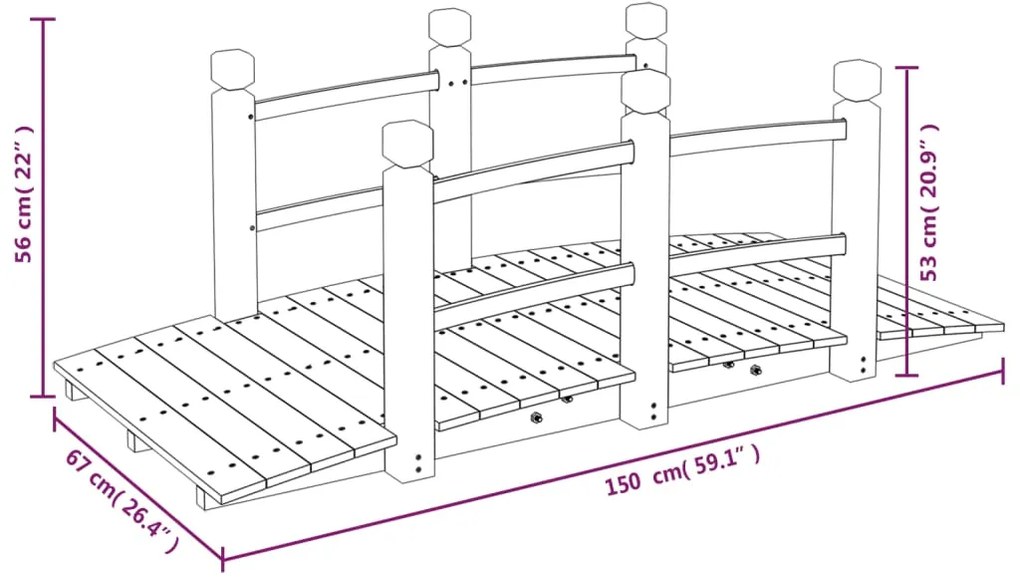 Ponte de jardim com corrimões 150x67x56 cm abeto maciço