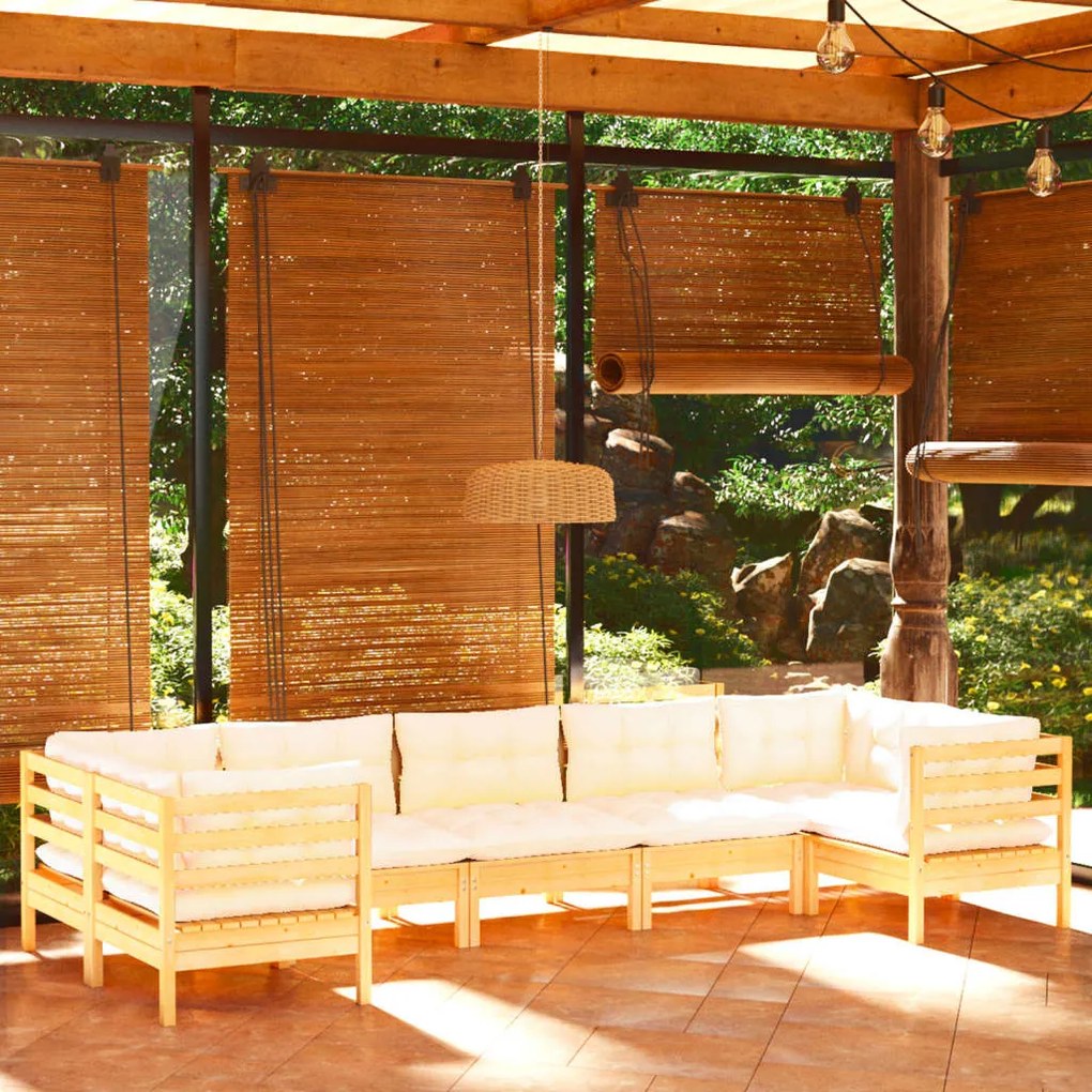 vidaXL 7 pcs conjunto lounge jardim c/ almofadões cor creme pinho
