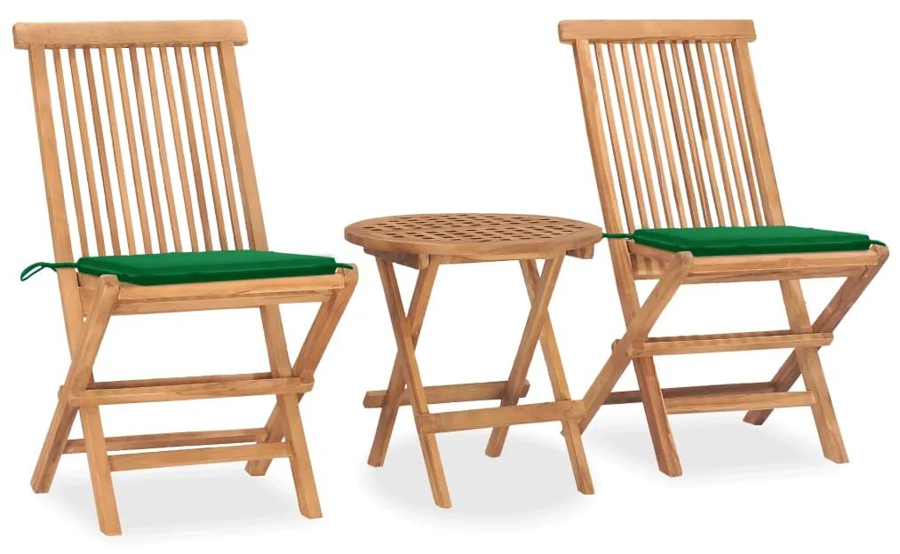 vidaXL 3 pcs conj. jantar dobrável exterior c/ almofadão teca maciça