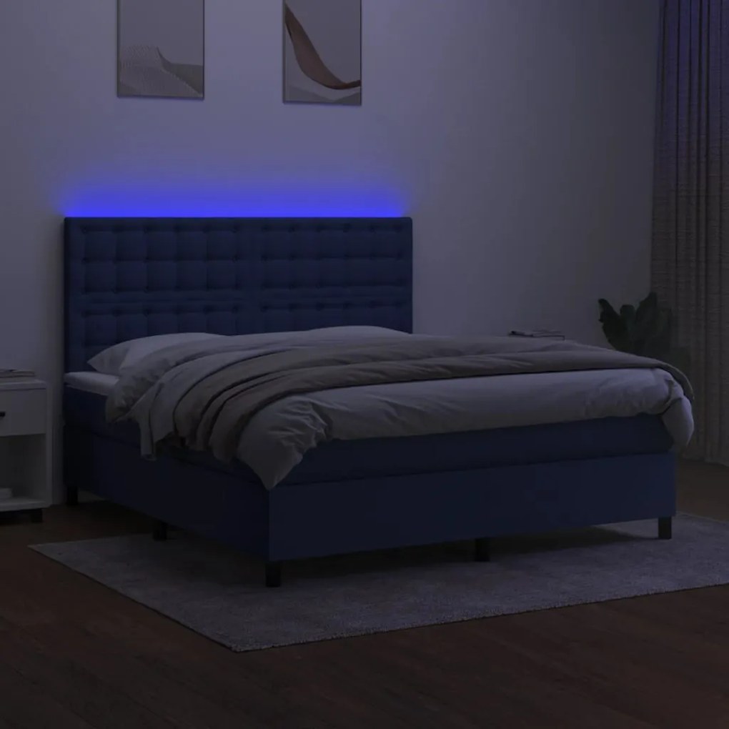 Cama box spring c/ colchão e LED 180x200 cm tecido azul